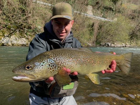 Žan Valentinčič with an early season Soča marble trout caught Euro nymphing with the ECHO Shadow X 11ft #3, Slovenia