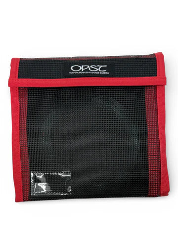 Black mesh pouch with red trim and OPST logo on a white background