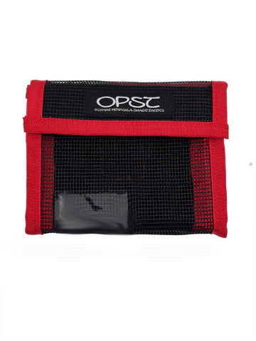A black and red mesh pouch with a black top flap featuring the white 'OPST' logo, shown on a plain white background.