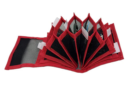 Load image into Gallery viewer, Red and black OPST sink tip wallet with multiple compartments on a white background
