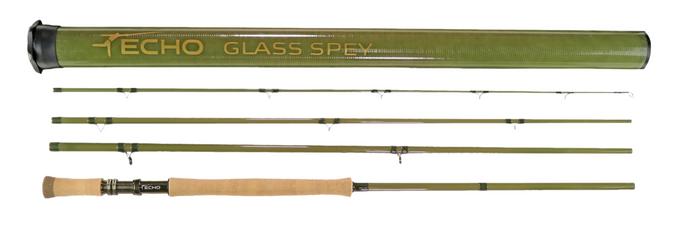 Echo Fibre Glass Spey Fly Fishing rod with green and brown components, featuring 'Echo Glass Spey' branding.